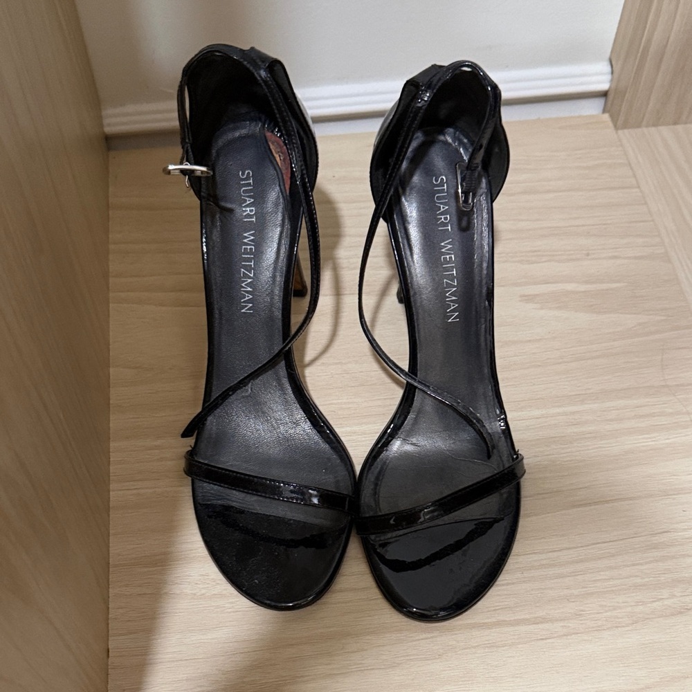 Stuart Weitzman Glossy Black Strappy Heels